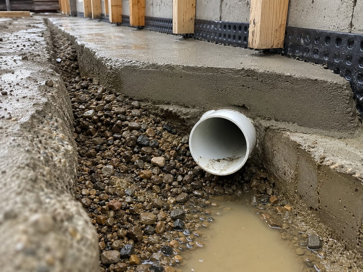 Interior French drain pipe bedded in washed stone before the slab is repoured in Pittsburgh