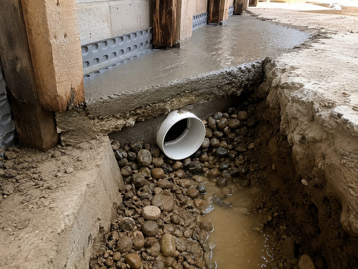 Drain pipe and stone bed along a Pittsburgh basement footer before slab replacement