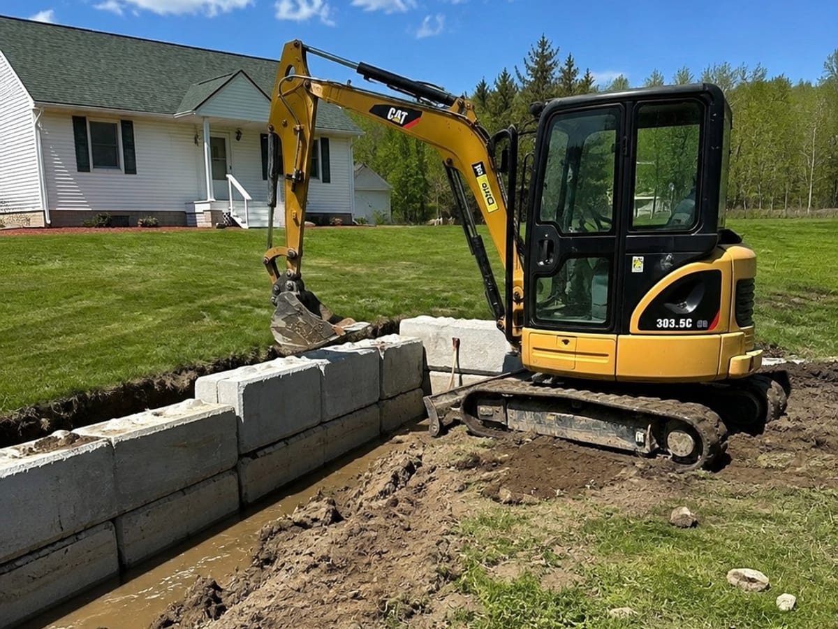 Block-lined French drain channel and excavator on a Pittsburgh drainage job