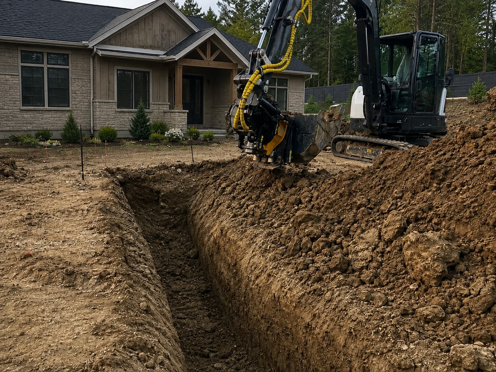 Pittsburgh trenching contractors cutting a service trench beside a newly built home