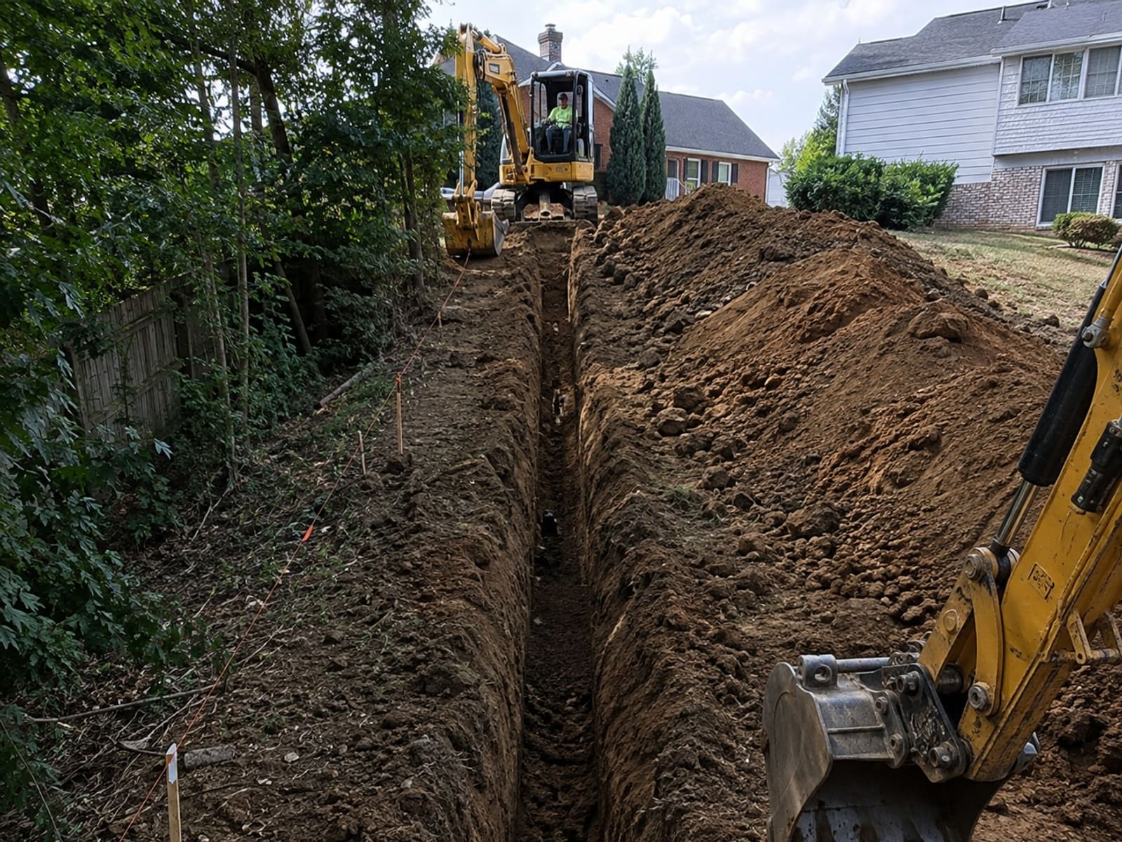 Long open utility trench between two Pittsburgh homes with an excavator working the line