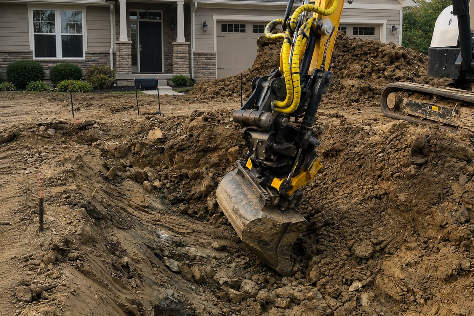 Mini excavator digging a utility trench across a Pittsburgh front yard